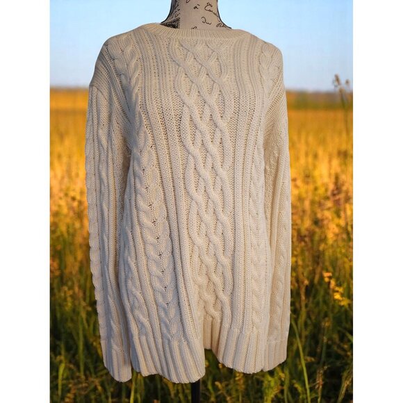 Woolovers Size Medium Women's White Cable Knit Aran Sweater, Pure Wool Pullover - Picture 1 of 5